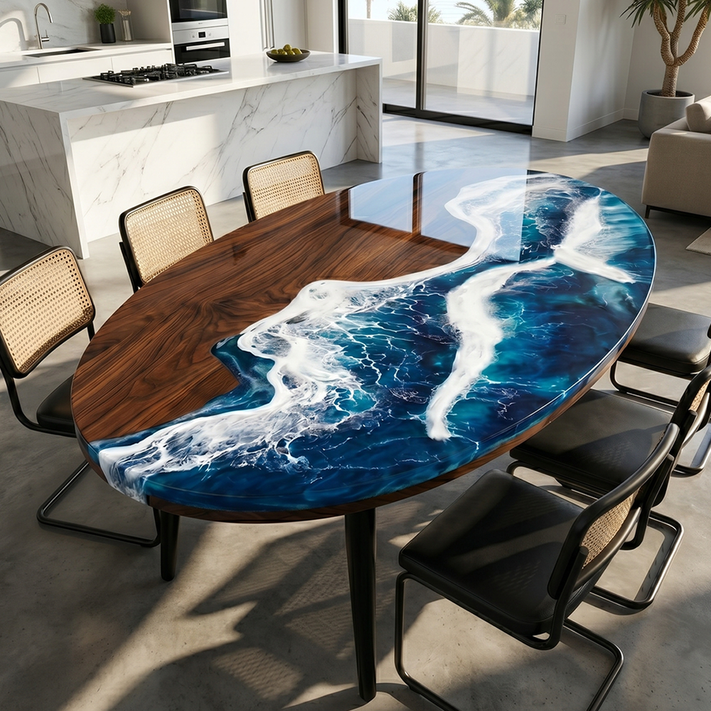 Walnut Wood Ocean Surge Epoxy Resin Oval Table
