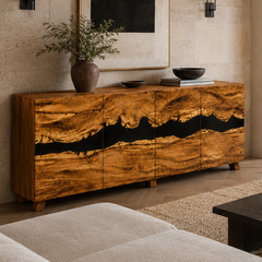 Walnut Wood Black River Inlay Credenza Epoxy Resin Storage