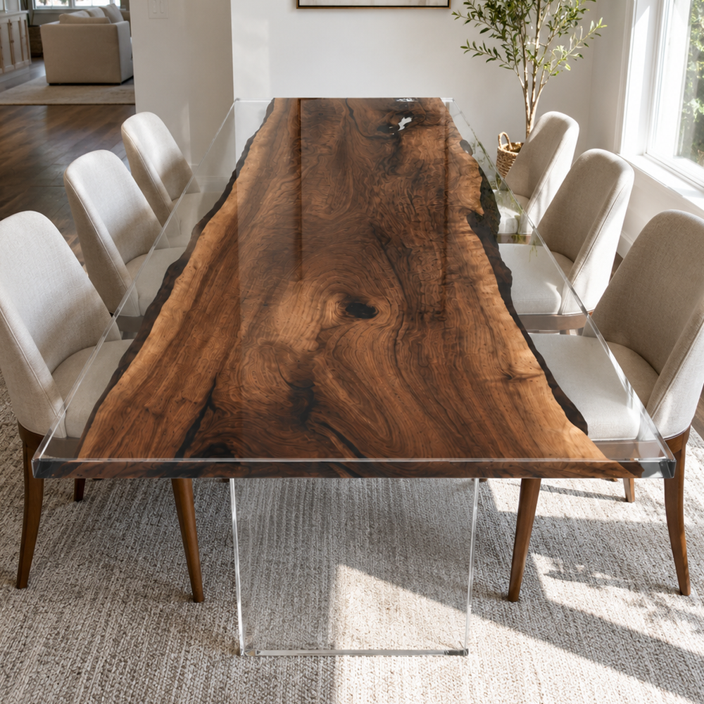 Black Walnut Wood Clear Transparent Rectangular Edge Epoxy Resin Dining Table