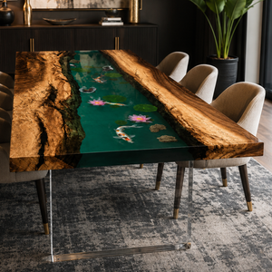 Black Walnut Emerald Jade Aquatic Life Epoxy Resin Dining Table