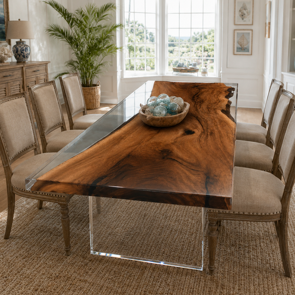 Black Walnut Wood Clear Encapsulated Epoxy Resin Dining Table
