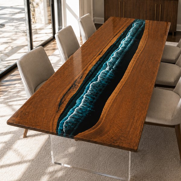 Closer product view of Black Walnut Wood Deep Ocean Wave epoxy Dining Table.
