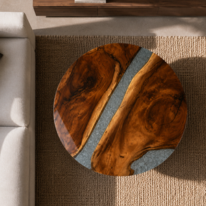 Walnut Glacier Crackle Textured Epoxy Resin Round Coffee Table