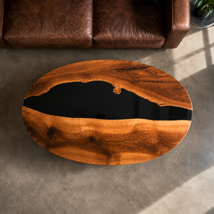 Walnut Black River Epoxy Resin Oval Coffee Table