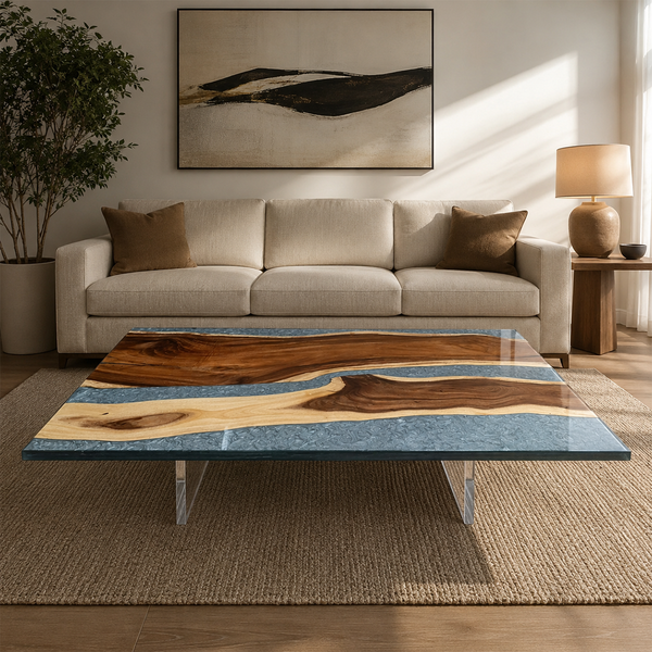 Walnut Ocean Wave Ocean Blue Epoxy Resin Coffee Table