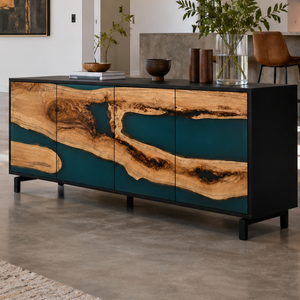Olive Burl Deep Emerald Stream Epoxy Resin Storage Console