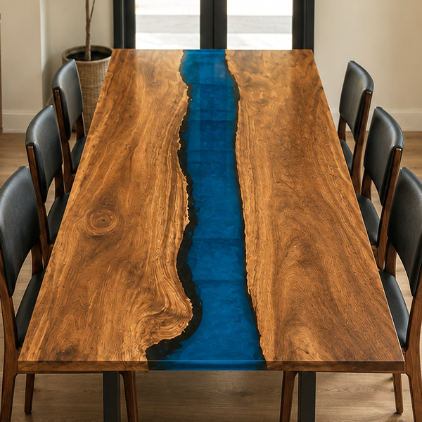 Walnut Blue River Transparent Epoxy Resin Dining Table