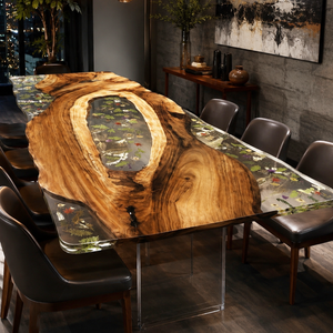 Walnut Wood Floral Inlay Live Edge Epoxy Resin Dining Table