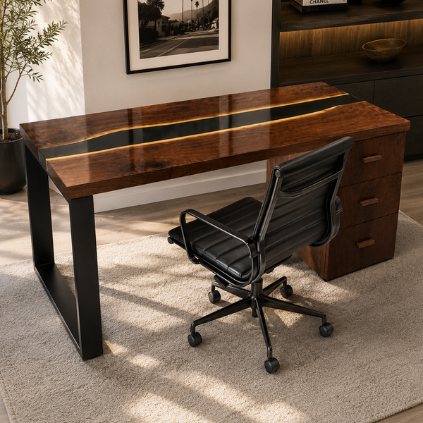 Black Walnut Live Edge Storage River Epoxy Resin Desk