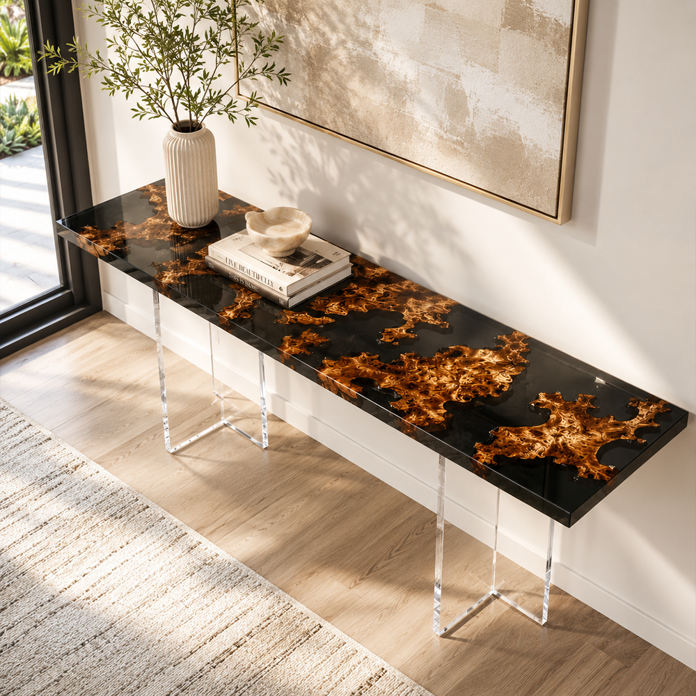 Cunninghamia Burl Transparent Black Epoxy Resin Console Table