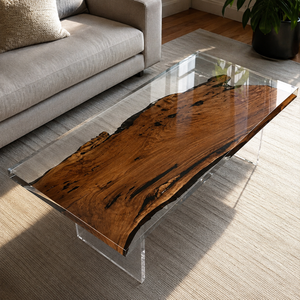 Black Walnut Wood Clear Transparent Rectangular Edge Epoxy Resin Coffee Table