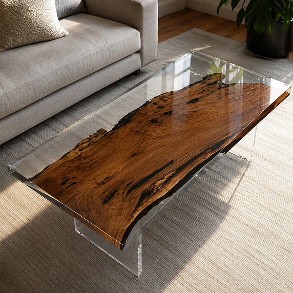 Black Walnut Wood Clear Transparent Rectangular Edge Epoxy Resin Coffee Table