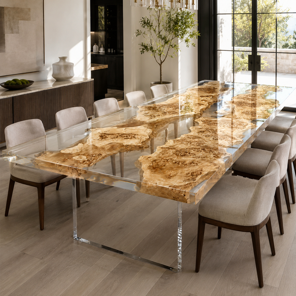 Poplar Burl Crystal Clear Floating Island Epoxy Resin Dining Table