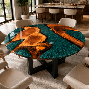 Walnut Tree Ring Crystalline Turquoise Epoxy Resin Round Table