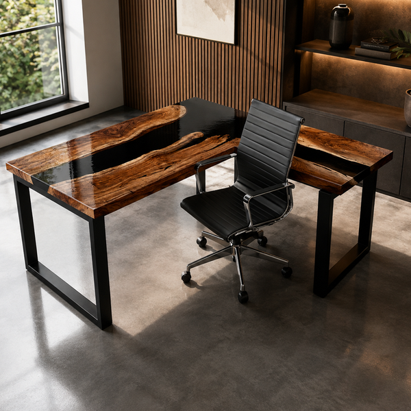 Black Walnut L-Shaped Black River Epoxy Resin Desk