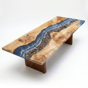 Poplar Burr River Pebble and Wave Epoxy Resin Dining Table