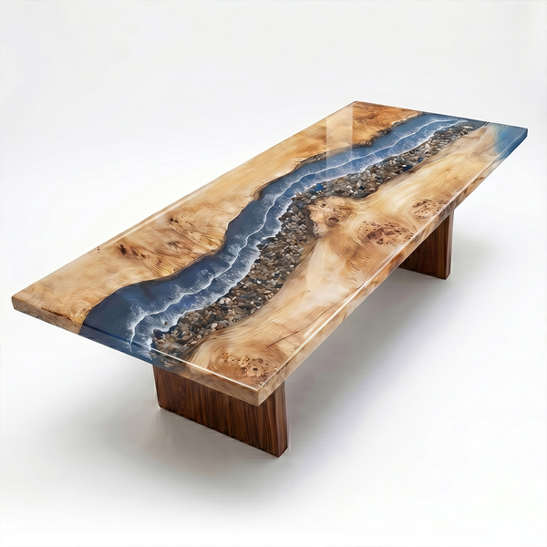 Poplar Burr River Pebble and Wave Epoxy Resin Dining Table