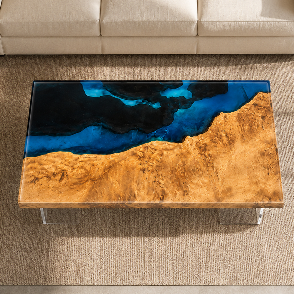 Poplar Burl Deep Blue Ocean Epoxy Resin Coffee Table