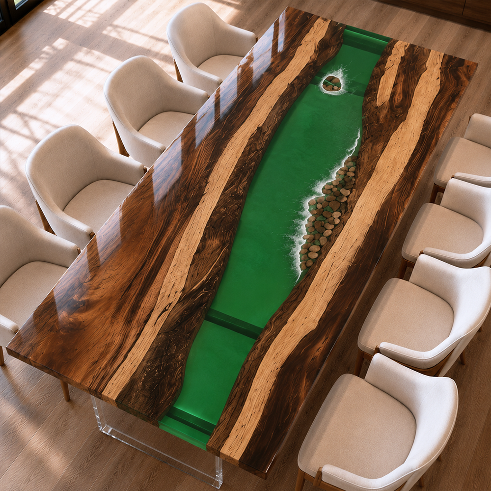 Walnut Coastal Pebble Green Island Epoxy Resin Dining Table