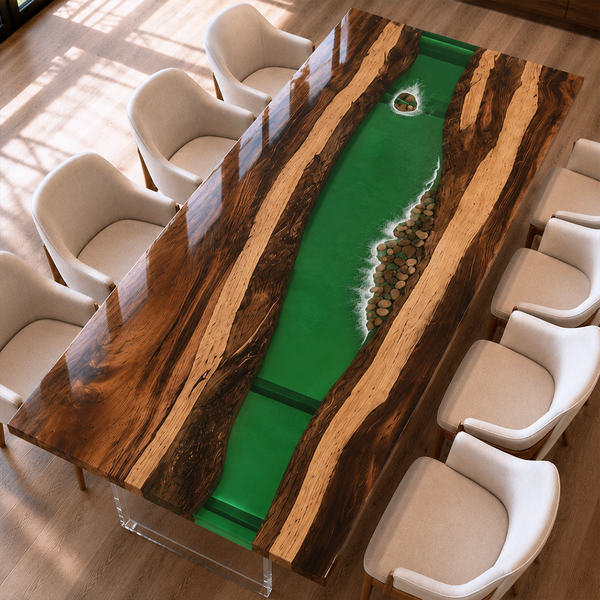 Walnut Coastal Pebble Green Island Epoxy Resin Dining Table