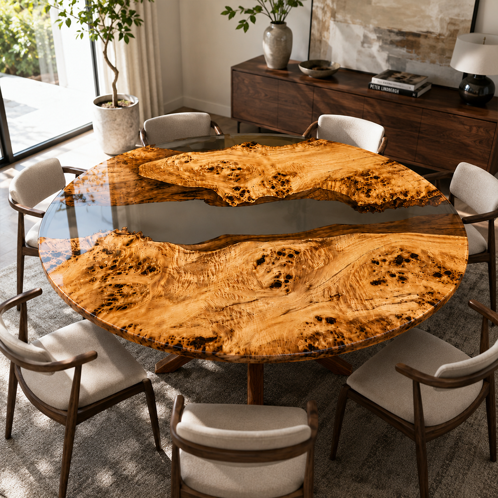 Poplar Clear River Round Epoxy Resin Dining Table