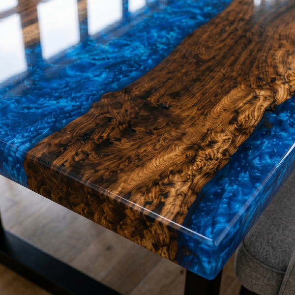 Black Walnut Wood Sapphire Blue River Epoxy Resin Dining Table