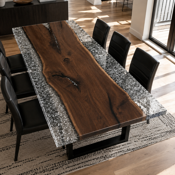 Black Walnut Wood Crystal Ice Patterned Edge Epoxy Resin Dining Table