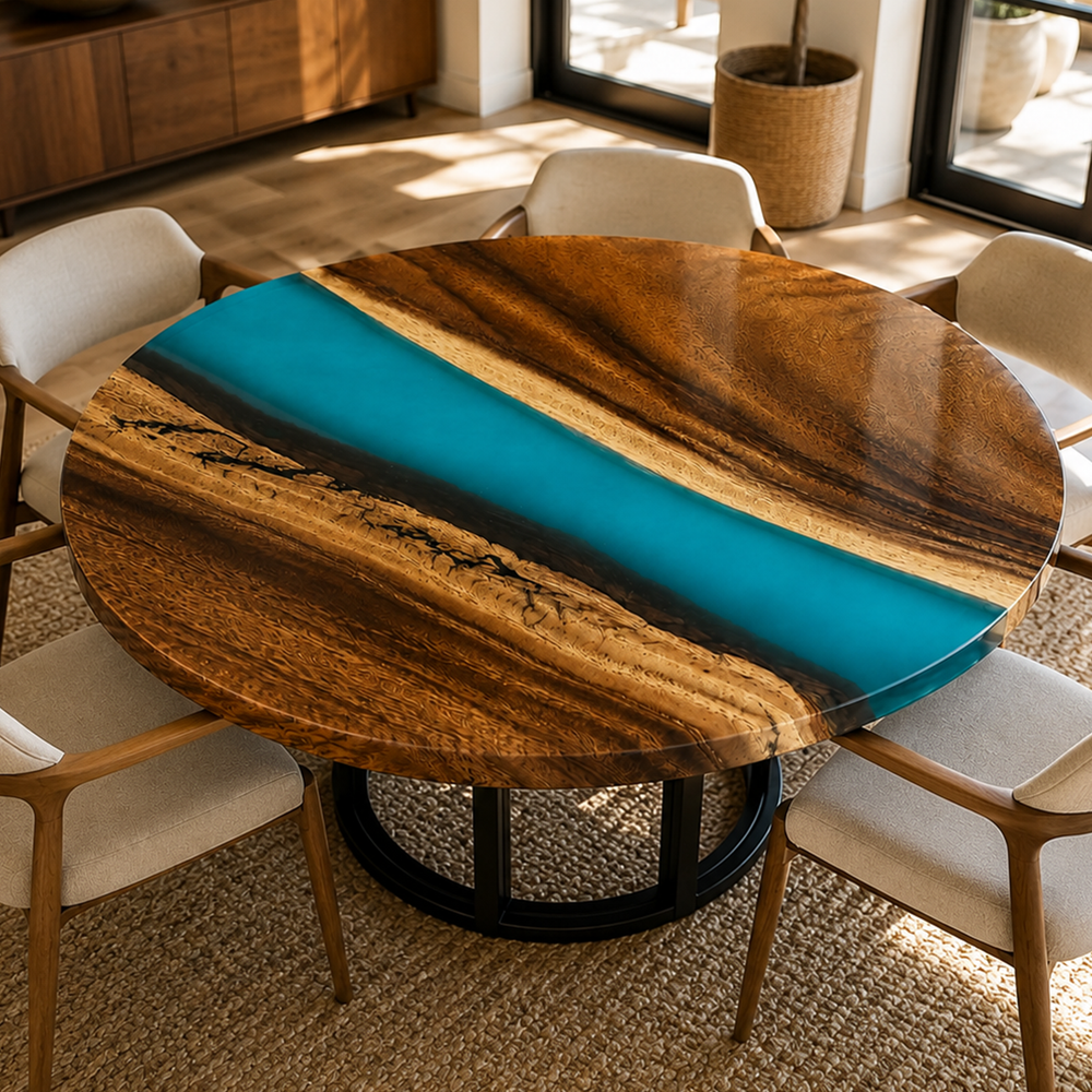Walnut Blue River Transparent Epoxy Resin Round Dining Table