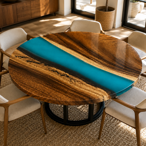 Walnut Blue River Transparent Epoxy Resin Round Dining Table
