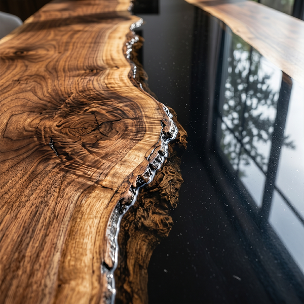 Walnut Wood Obsidian River Epoxy Resin Dining Table