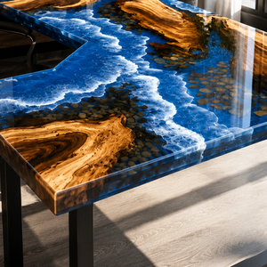 Walnut Ocean Wave L-Shaped Epoxy Resin Desk