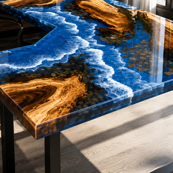 Walnut Ocean Wave L-Shaped Epoxy Resin Desk