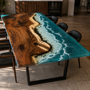 92.5" L × 46.5" W × 2" T Walnut Ocean Beach Waves Epoxy Resin Dining Table