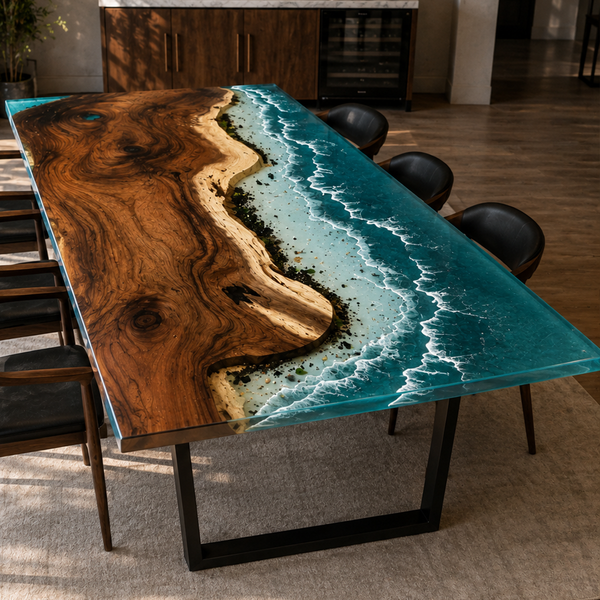 92.5" L × 46.5" W × 2" T Walnut Ocean Beach Waves Epoxy Resin Dining Table