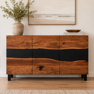 Walnut Wood Black Stream Epoxy Resin Entrance Cabinet