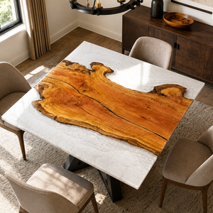 Olive Wood Crystal Tundra Textured Square Epoxy Resin Dining Table