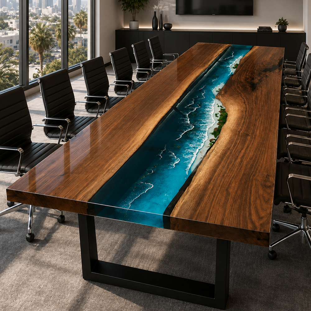 Black Walnut Wood Island Stream Center Inlay Epoxy Resin Conference Table