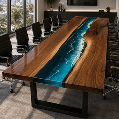 Black Walnut Wood Island Stream Center Inlay Epoxy Resin Conference Table