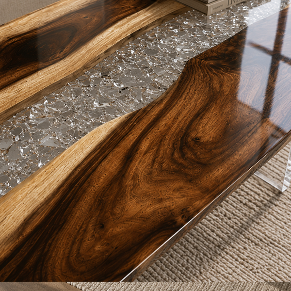 Walnut Crystal Glacier Shattered Ice Epoxy Resin Coffee Table