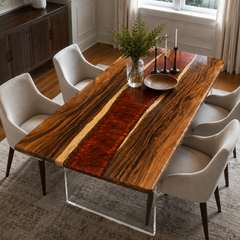96" × 42" × 2" Walnut Amber Red River Epoxy Resin Dining Table