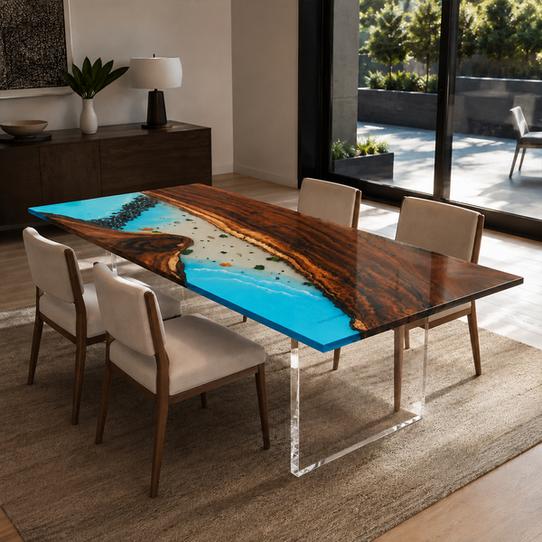 71" × 35.5" × 2" Walnut Wood Sea Coast Flow Epoxy Resin Dining Table