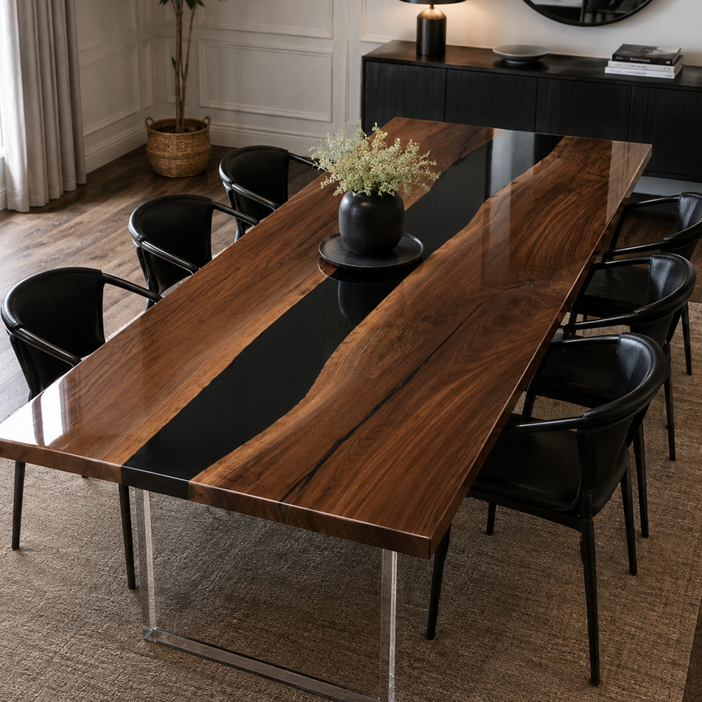 Black Walnut Black River Live Edge Epoxy Resin Dining Table