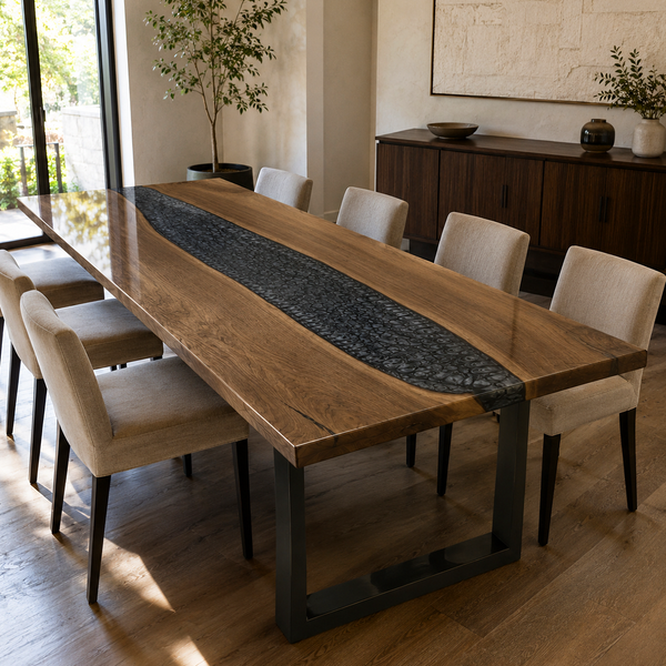 Black Walnut Wood Rectangular Charcoal Inlay Epoxy Resin Dining Table