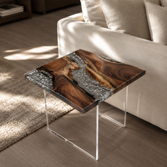 Walnut Crystal Textured Epoxy Resin Side Table
