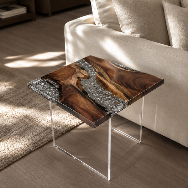 Walnut Crystal Textured Epoxy Resin Side Table