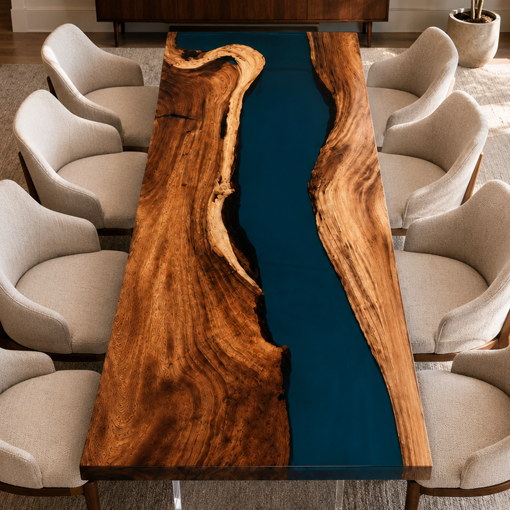 Walnut Blue River Live Edge Epoxy Resin Dining Table