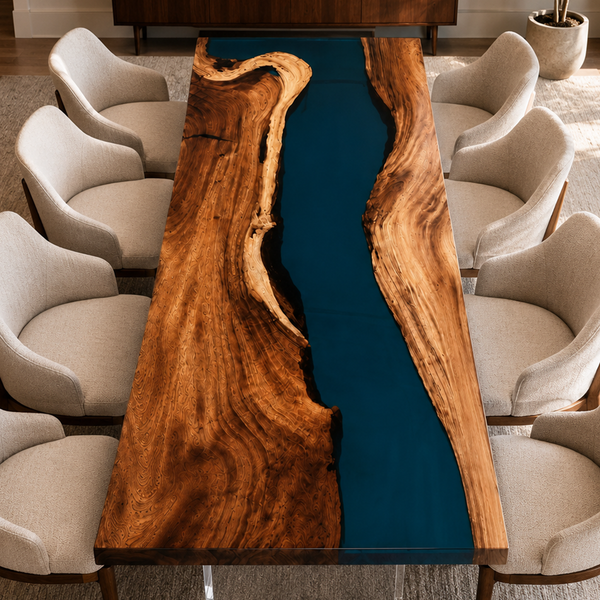 Walnut Blue River Live Edge Epoxy Resin Dining Table