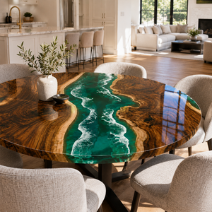 Black Walnut Coastal River Green Wave Epoxy Resin Round Table