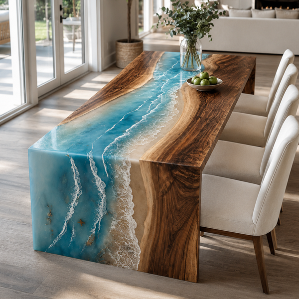 Walnut Coastal Tide Epoxy Resin Waterfall Table