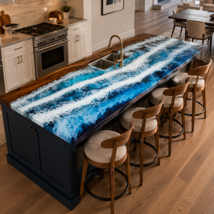 Walnut Wood Ocean Waves Sea Foam Art Epoxy Resin Countertop
